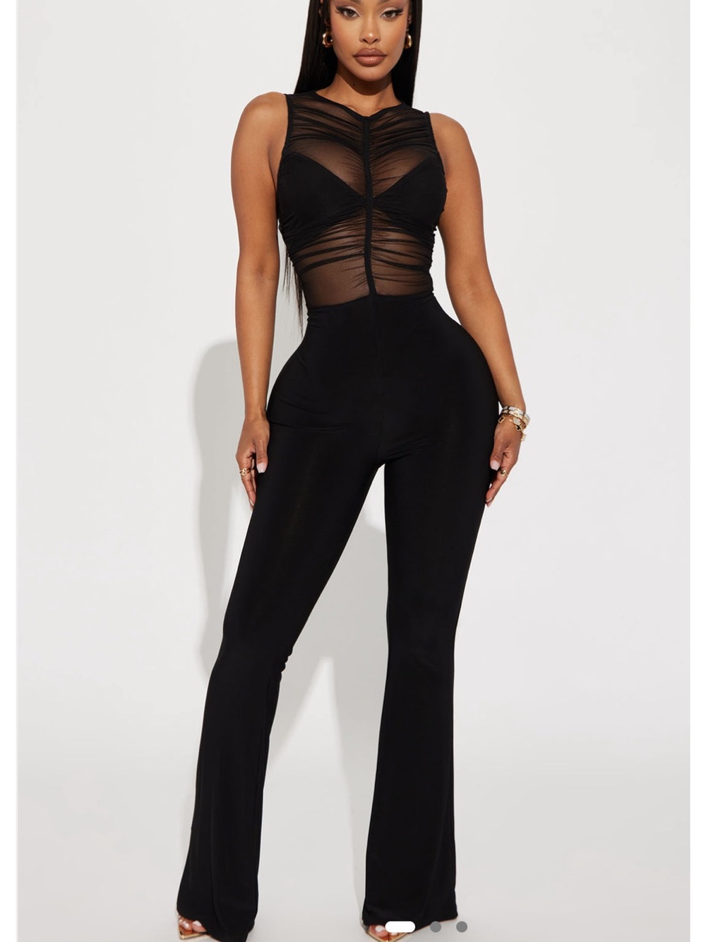 Fashion Nova Black Sheer-Panel Sleeveless Jumpsuit Sz S